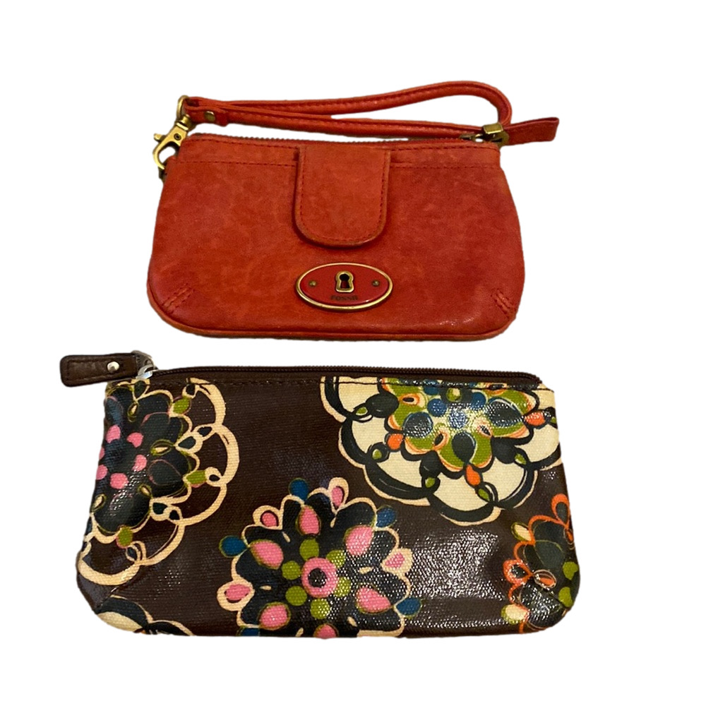 Fossil leather wristlet bag & pouch. Set 2 pieces